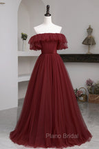 Burgundy Tulle Off the Shoulder Formal Prom Dresses, Long A-Line Evening Dresses
