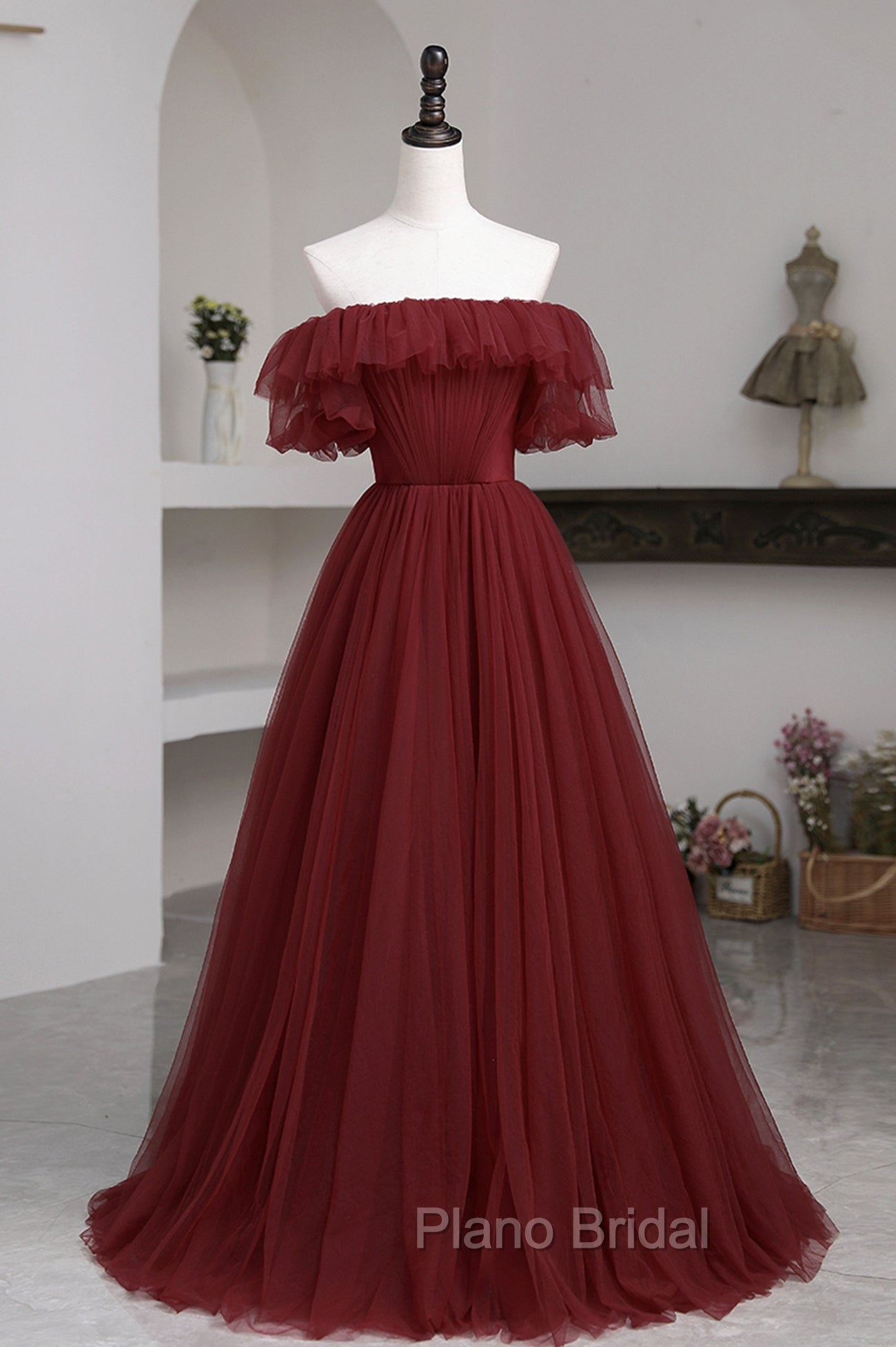 Burgundy Tulle Off the Shoulder Formal Prom Dresses, Long A-Line Evening Dresses