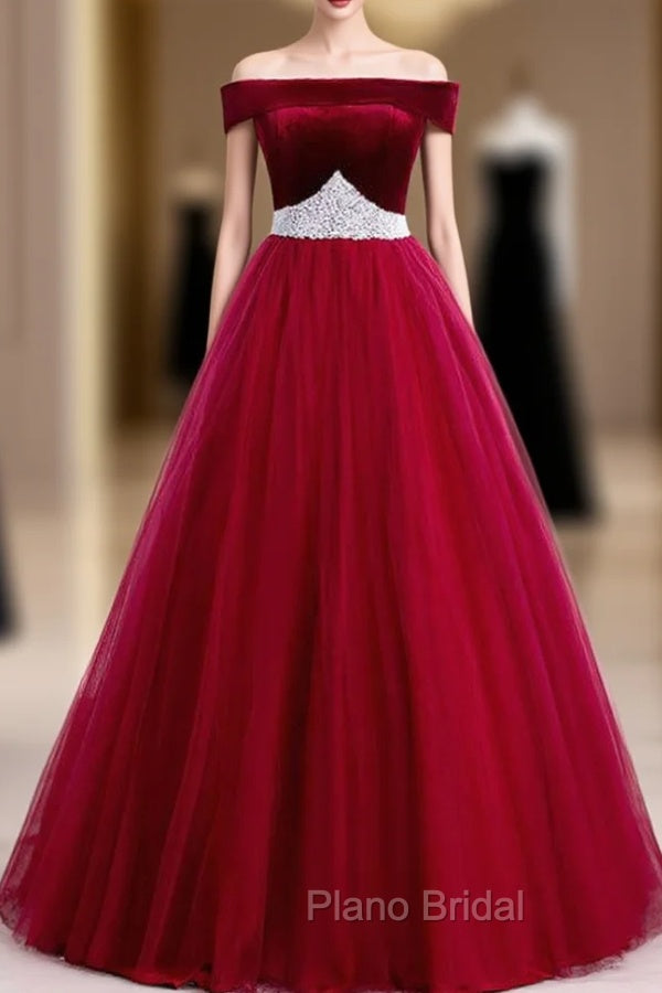 Burgundy Tulle Off the Shoulder Formal Prom Dresses With Pearls 2020 Main image
