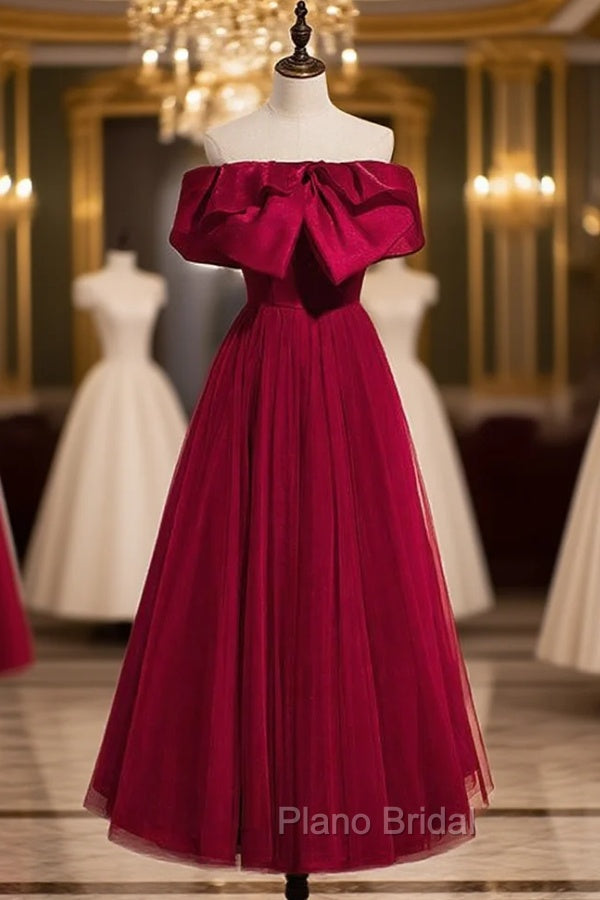 Burgundy Tulle Off the Shoulder Formal Prom Dresses