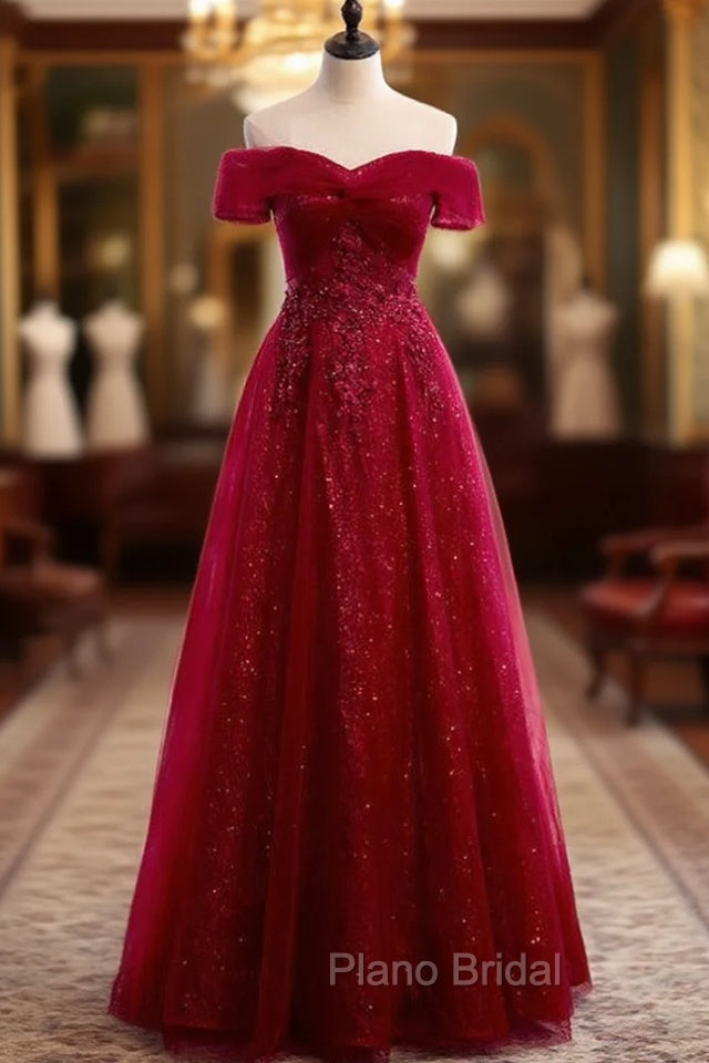 Burgundy Tulle Off the Shoulder Sequins Beading Formal Prom Dresses Main image