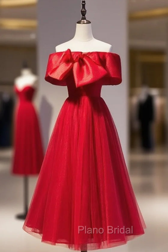 Burgundy Tulle Off the Shoulder Short Formal Prom Dresses Main image