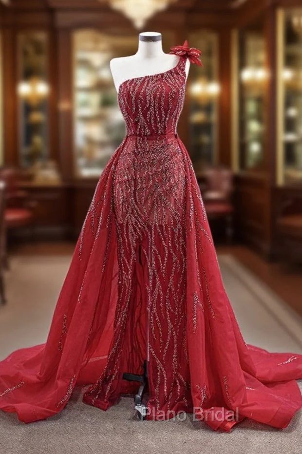 Burgundy Tulle One Shoulder Beading Formal Prom Dresses Main image