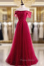 Burgundy Tulle Pearls Off the Shoulder Formal Prom Dresses