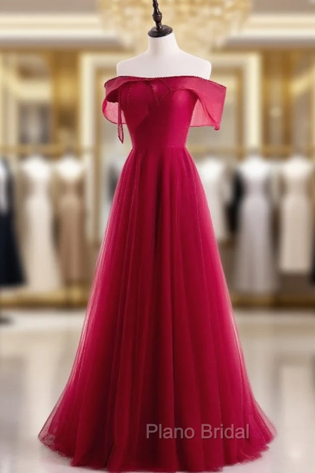 Burgundy Tulle Pearls Off the Shoulder Formal Prom Dresses