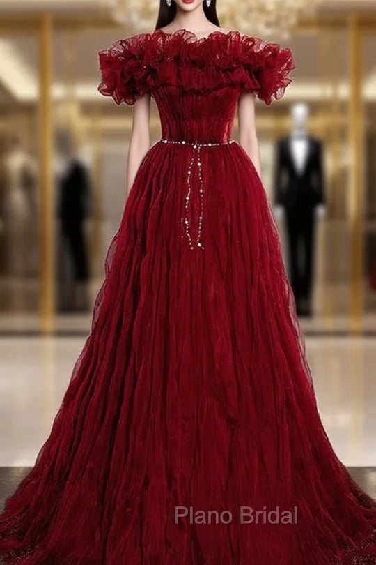 Burgundy Tulle Pleats Off the Shoulder Formal Prom Dresses Main image