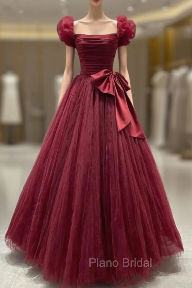 Burgundy Tulle Pleats Formal Prom Dresses