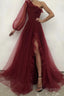 Burgundy tulle prom dress one shoulder evening dress