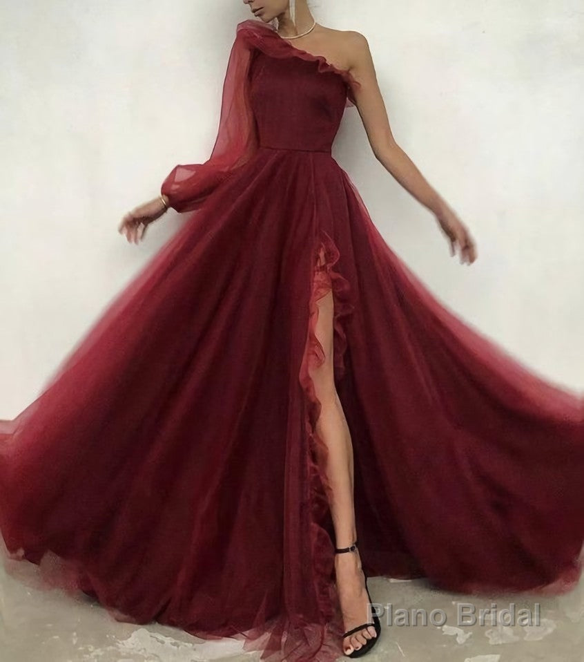 Burgundy tulle prom dress one shoulder evening dress Main image