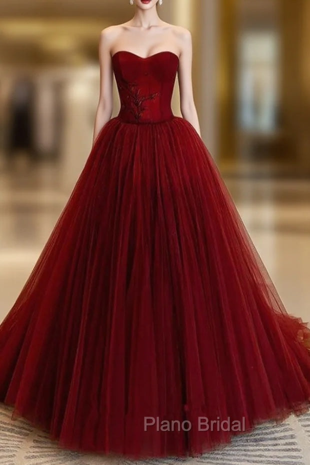 Burgundy Tulle Formal Prom Dresses Strapless Beading Fromal Dresses Main image