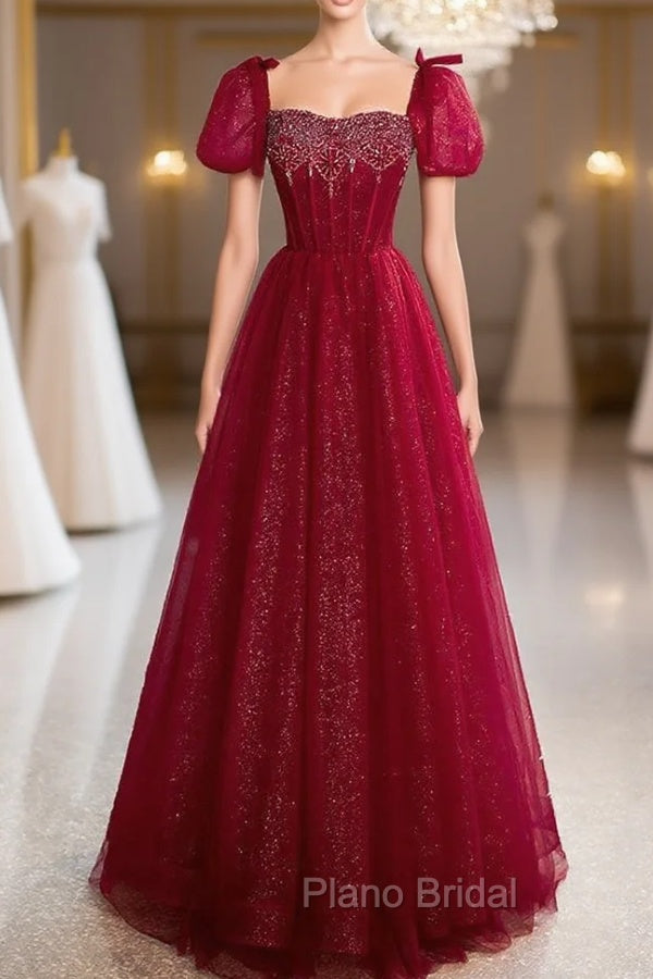 Burgundy Tulle Puff Sleeve Beading Formal Prom Dresses Main image