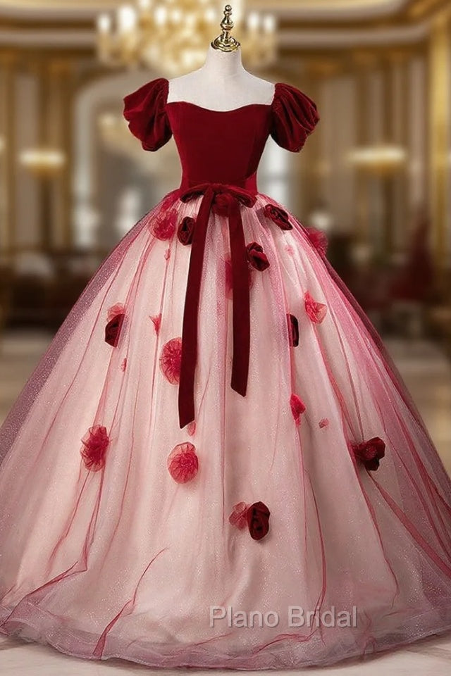 Burgundy Tulle Puff Sleeve Off the Shoulder Quinceanera Dresses Main image