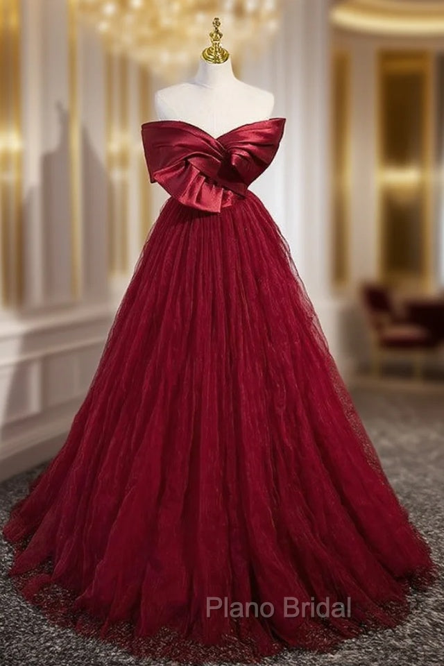 Burgundy Tulle Satin Off the Shoulder Formal Prom Dresses Main image
