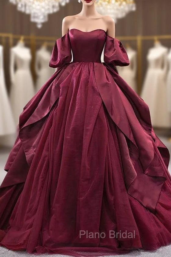 Burgundy Tulle Satin Puff Sleeve Formal Prom Dresses