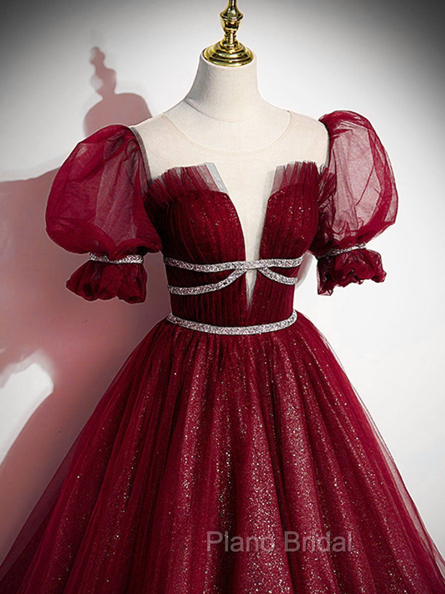 Burgundy Tulle Sequin Long Formal Prom Dresses, Burgundy Formal Evening Dresses