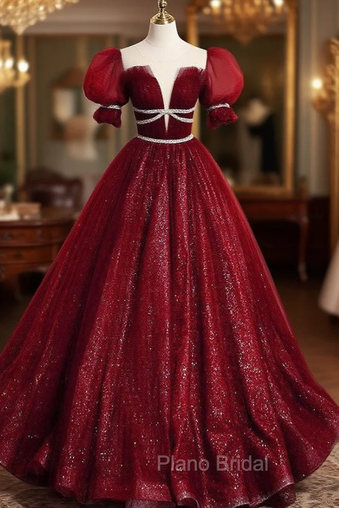 Burgundy Tulle Sequin Long Formal Prom Dresses, Burgundy Formal Evening Dresses Main image