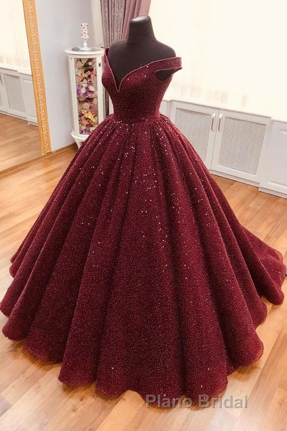 Burgundy tulle sequin long Formal Prom dress, burgundy long evening dress