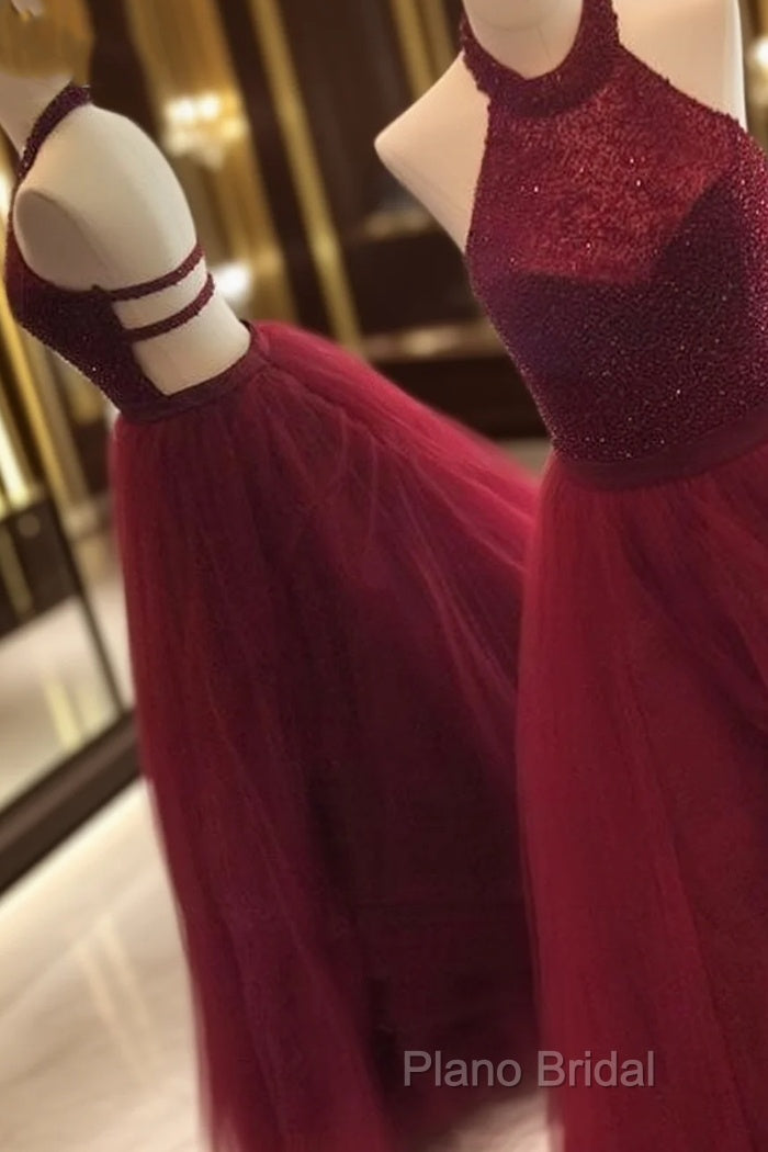 Burgundy Tulle Sequin Long Formal Prom Dresses, Cute Formal Dresses For Teens