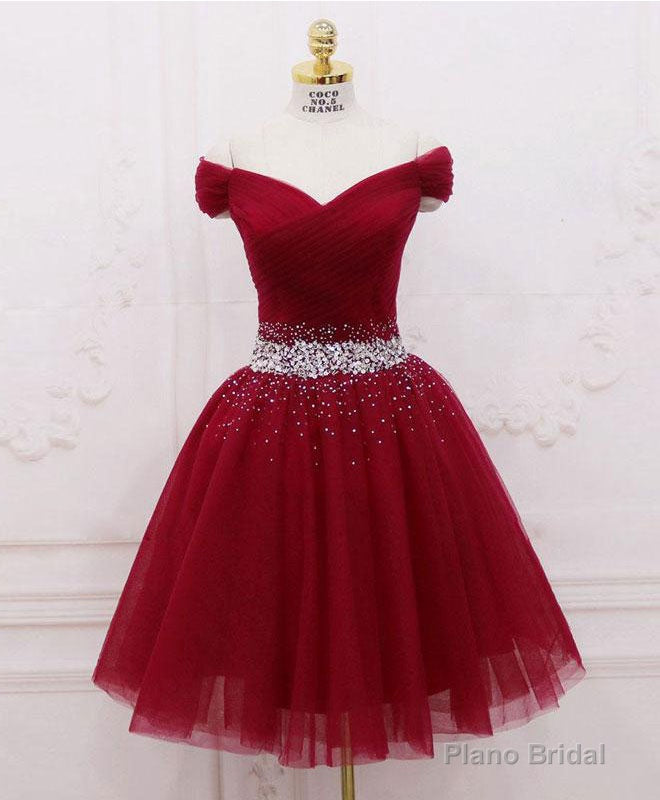 Burgundy Tulle Sequin Short Prom Dress, Burgundy Homecoming Dress Main image