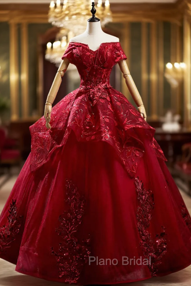 Burgundy Tulle Sequins Appliques Beading Quinceanera Dresses Main image