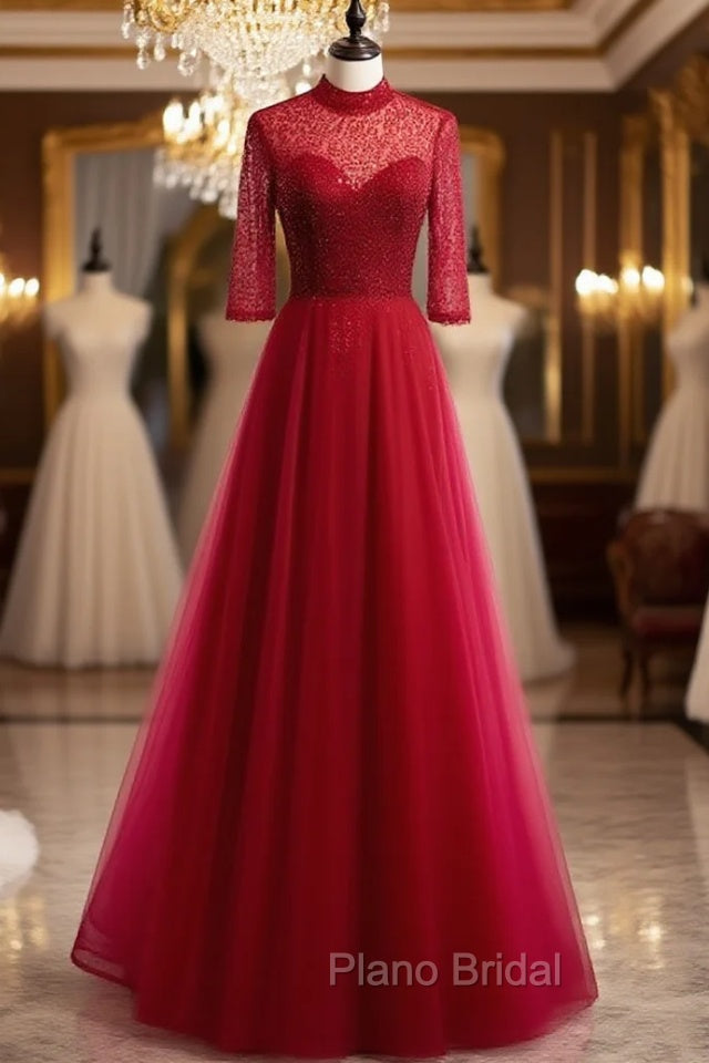 Burgundy Tulle Sequins Backless Short Sleeve Formal Prom Dresses