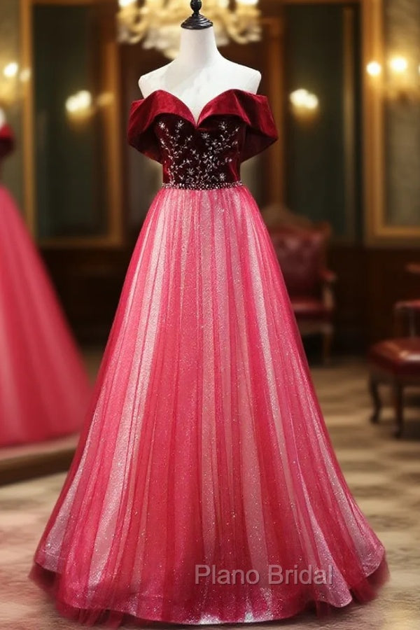 Burgundy Tulle Sequins Bead Off the Shoulder Formal Prom Dresses