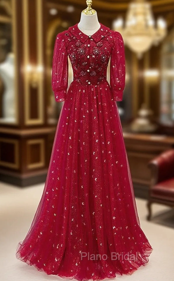Burgundy Tulle Sequins Beading Short Sleeve Formal Prom Dresses