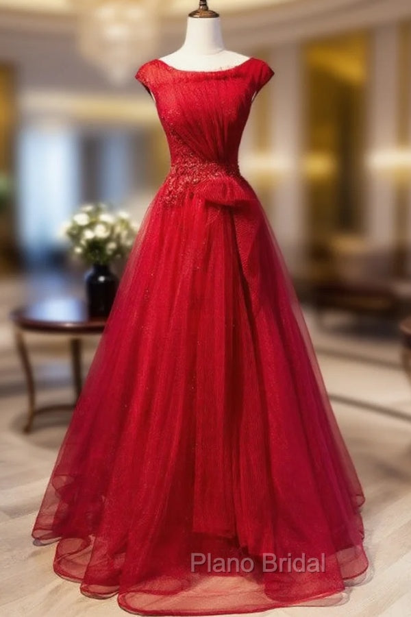 Burgundy Tulle Sequins Cap Sleeve Pleats Formal Prom Dresses Main image