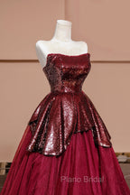 Burgundy Tulle Sequins Long Formal Prom Dresses, A-Line Strapless Evening Party Dresses