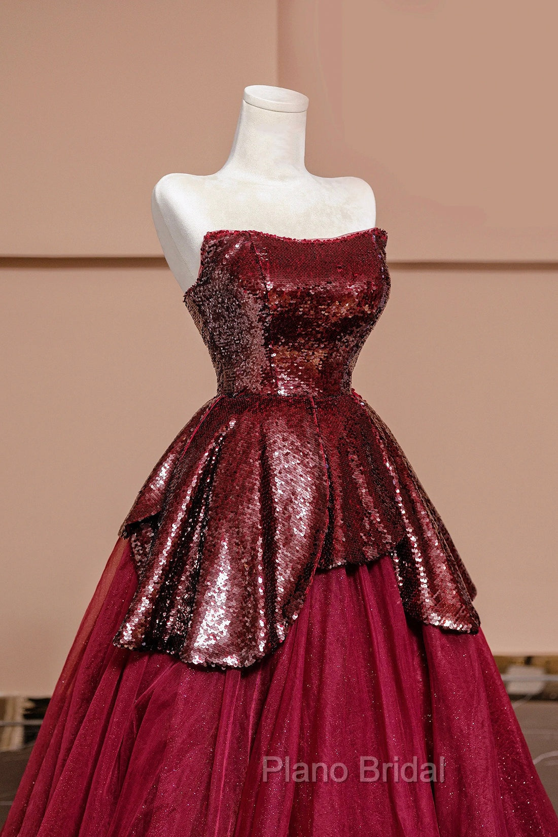 Burgundy Tulle Sequins Long Formal Prom Dresses, A-Line Strapless Evening Party Dresses