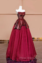 Burgundy Tulle Sequins Long Formal Prom Dresses, A-Line Strapless Evening Party Dresses