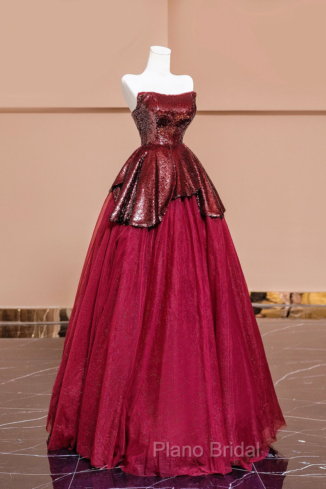 Burgundy Tulle Sequins Long Formal Prom Dresses, A-Line Strapless Evening Party Dresses