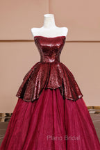 Burgundy Tulle Sequins Long Formal Prom Dresses, A-Line Strapless Evening Party Dresses