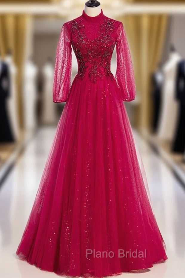 Burgundy Tulle Sequins Long Sleeve High Neck Beading Formal Prom Dresses