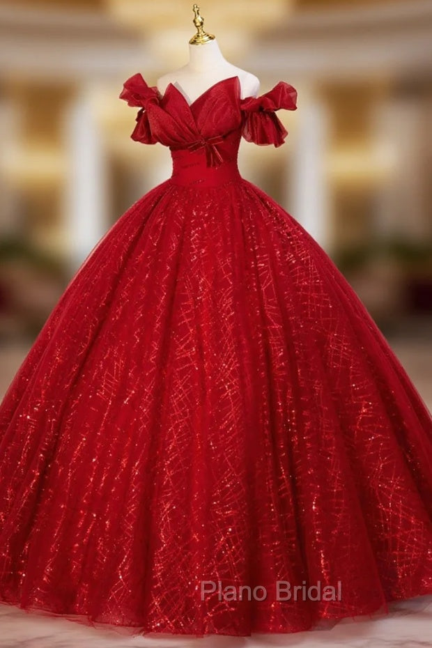 Burgundy Tulle Sequins Off the Shoulder Beading Quinceanera Dresses Main image