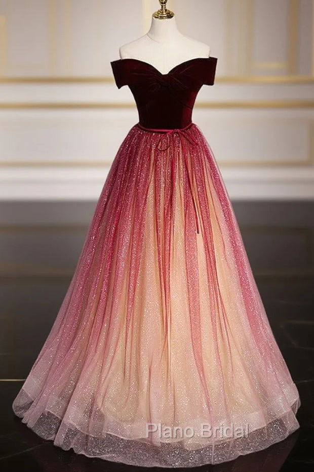Burgundy Tulle Sequins Off the Shoulder Formal Prom Dresses Main image