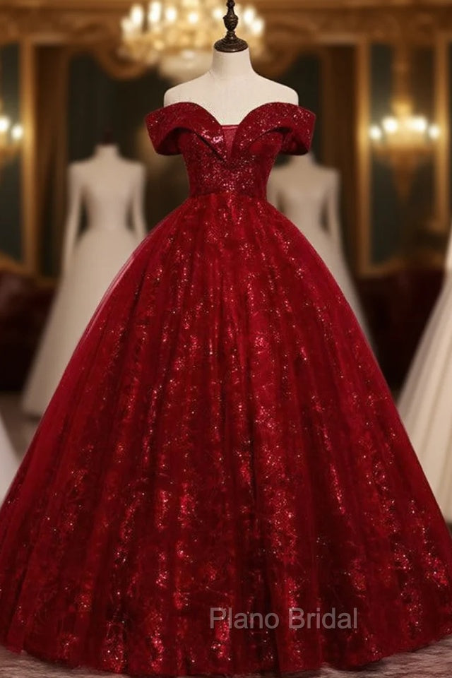 Burgundy Tulle Sequins Off the Shoulder Quinceanera Dresses Main image