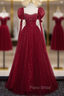 Burgundy Tulle Sequins Puff Sleeve Beading Formal Prom Dresses