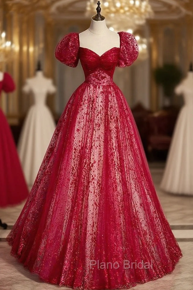 Burgundy Tulle Sequins Puff Sleeve Formal Prom Dresses Main image