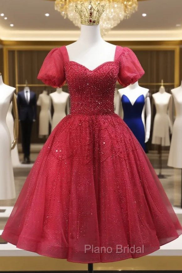 Burgundy Tulle Sequins Short Sleeve Beading Homecoming Dresses Main image