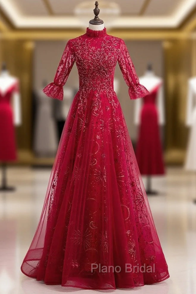 Burgundy Tulle Sequins Short Sleeve Beading Formal Prom Dresses Main image