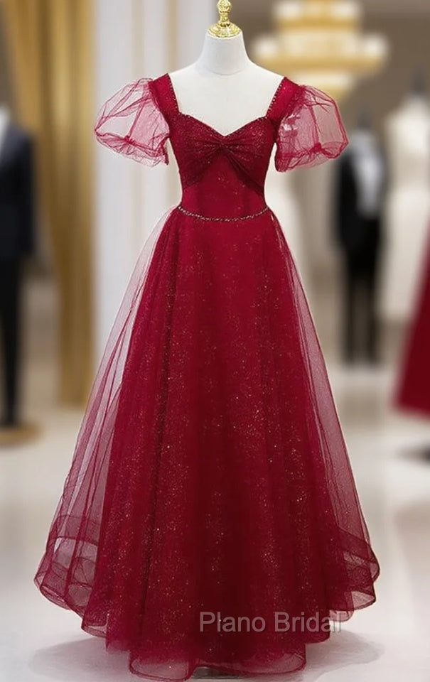 Burgundy Tulle Sequins Square Beading Formal Prom Dresses