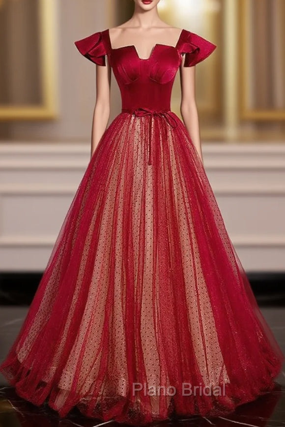 Burgundy Tulle Sequins Square Formal Prom Dresses Main image
