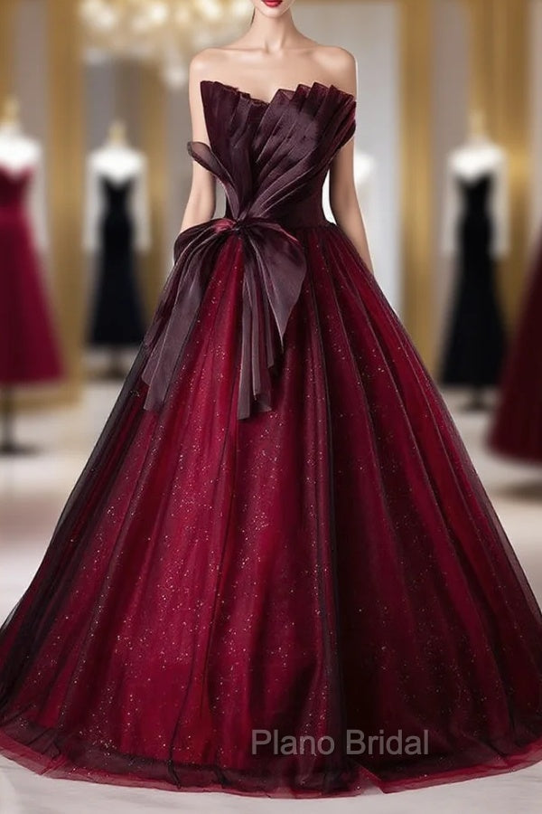 Burgundy Tulle Sequins Strapless Pleats Formal Prom Dresses