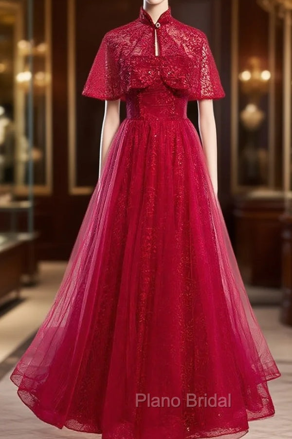 Burgundy Tulle Sequins Strapless Formal Prom Dresses With Shawl Main image