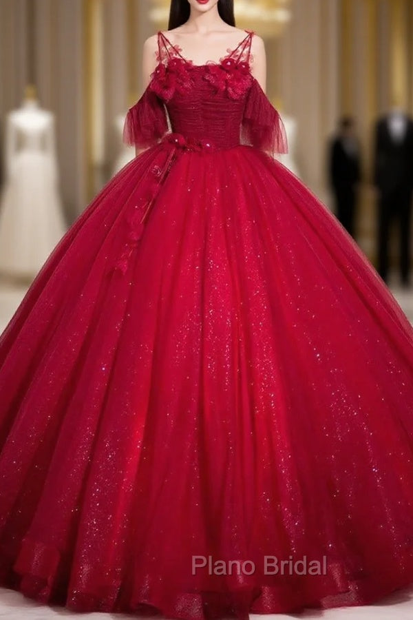 Burgundy Tulle Sequins Straps Flower Quinceanera Dresses Main image