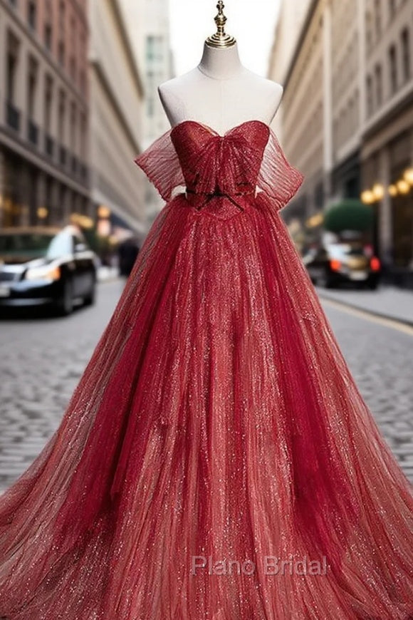 Burgundy Tulle Sequins Sweetheart Formal Prom Dresses