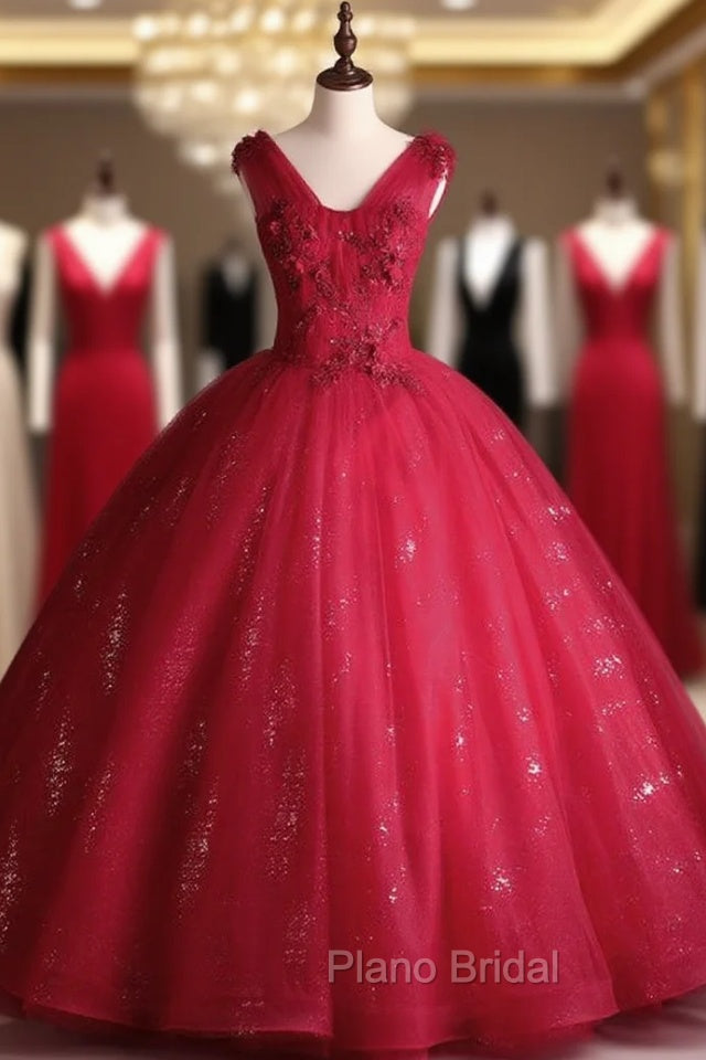 Burgundy Tulle Sequins V-neck Appliques Beading Quinceanera Dresses Main image