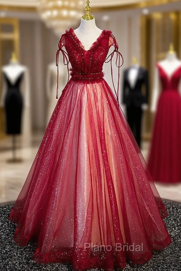 Burgundy Tulle Sequins V-neck Beading Formal Prom Dresses