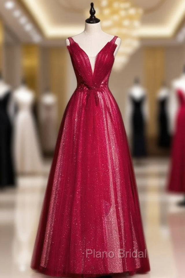 Burgundy Tulle Sequins V-neck Pleats Beading Formal Prom Dresses Main image